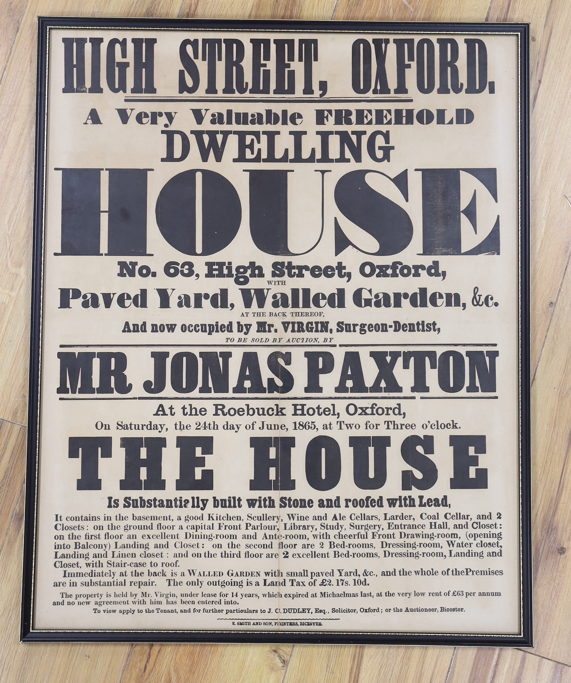 An original Victorian poster advertising the sale of a house at 63 High Street, Oxford, June 1865, 63 x 50cm